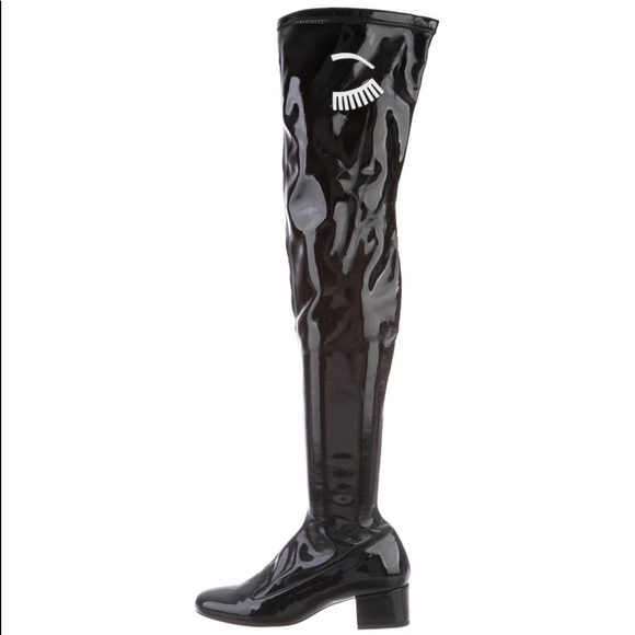 🆕CHIARA FERRAGNI BLACK PATENT LEATHER OVER THE KNEE BOOTS WITH LOW/FLAT HEEL - Picture 7 of 10